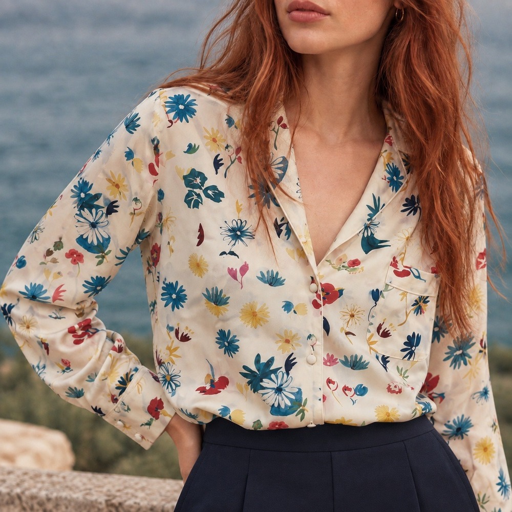 Sézane x G.Kero Warry Silk Floral Blouse Pajama Top White Multicolor Womens 34 2